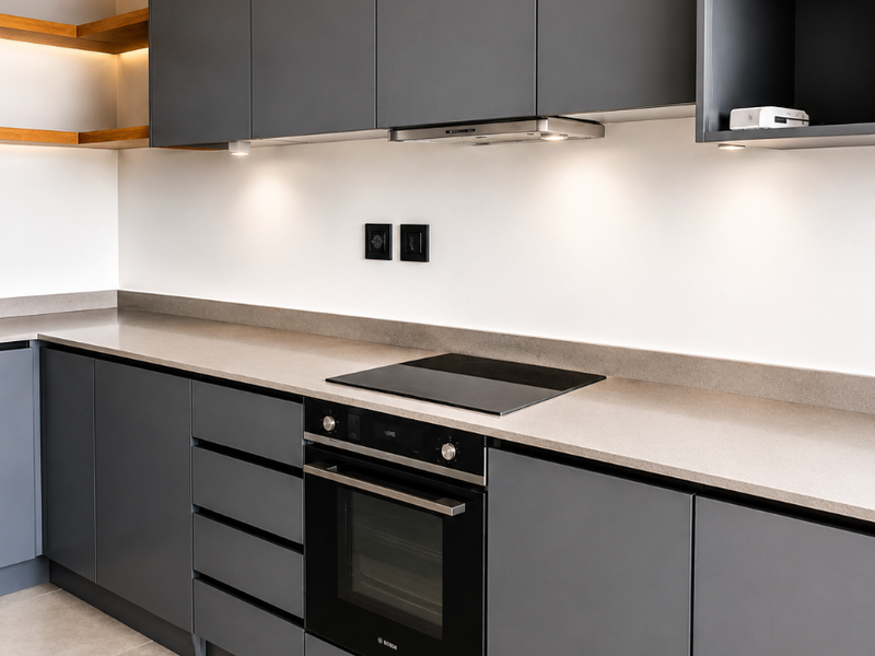 Modern kitchen featuring sleek dark grey cabinetry, integrated Bosch oven and hob, stone countertops, and warm under-cabinet lighting.