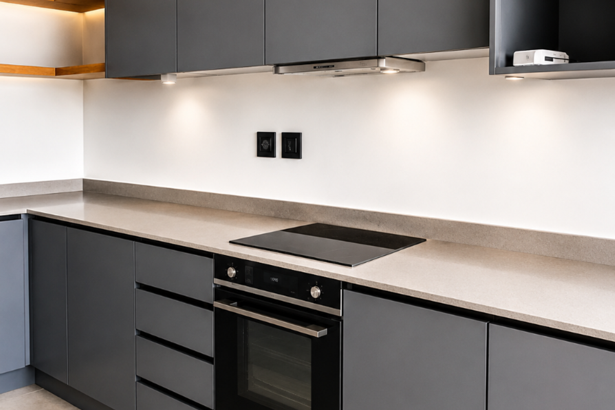Modern kitchen featuring sleek dark grey cabinetry, integrated Bosch oven and hob, stone countertops, and warm under-cabinet lighting.