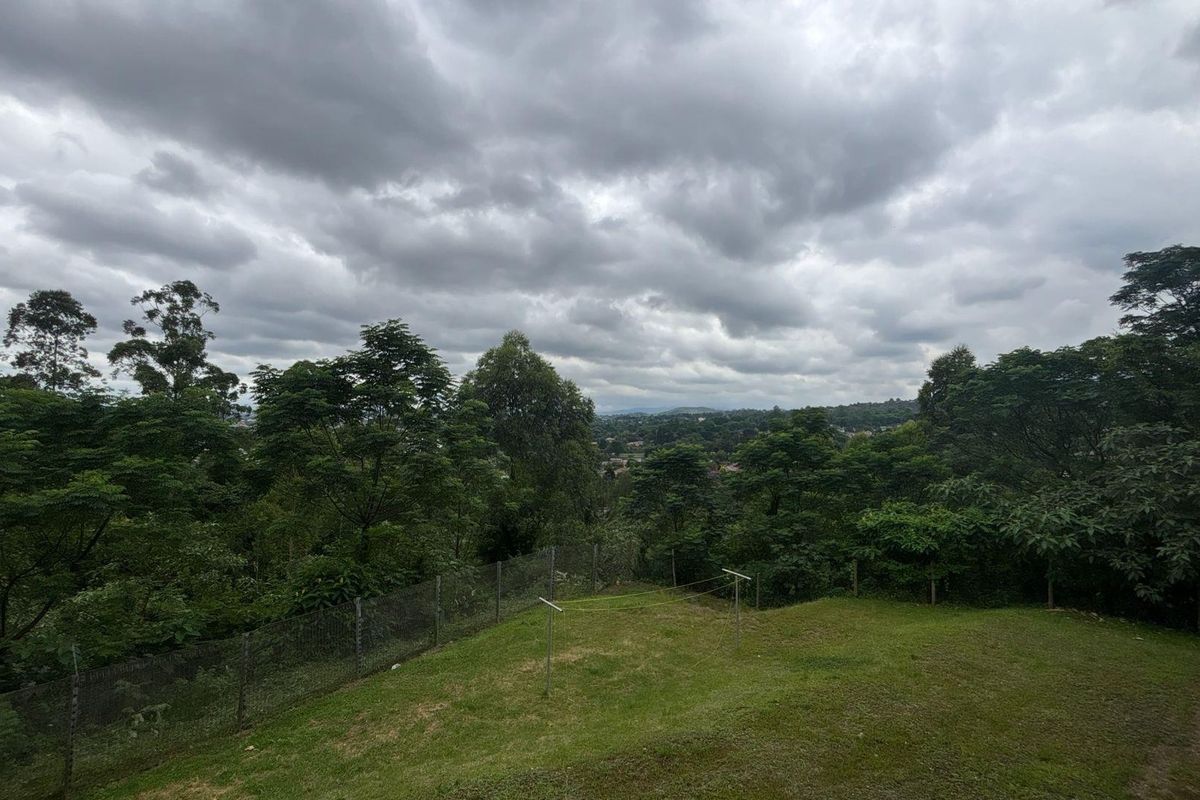 A view of the rear garden area featuring a lawn, perimeter fencing, and surrounding mature trees under a cloudy sky.