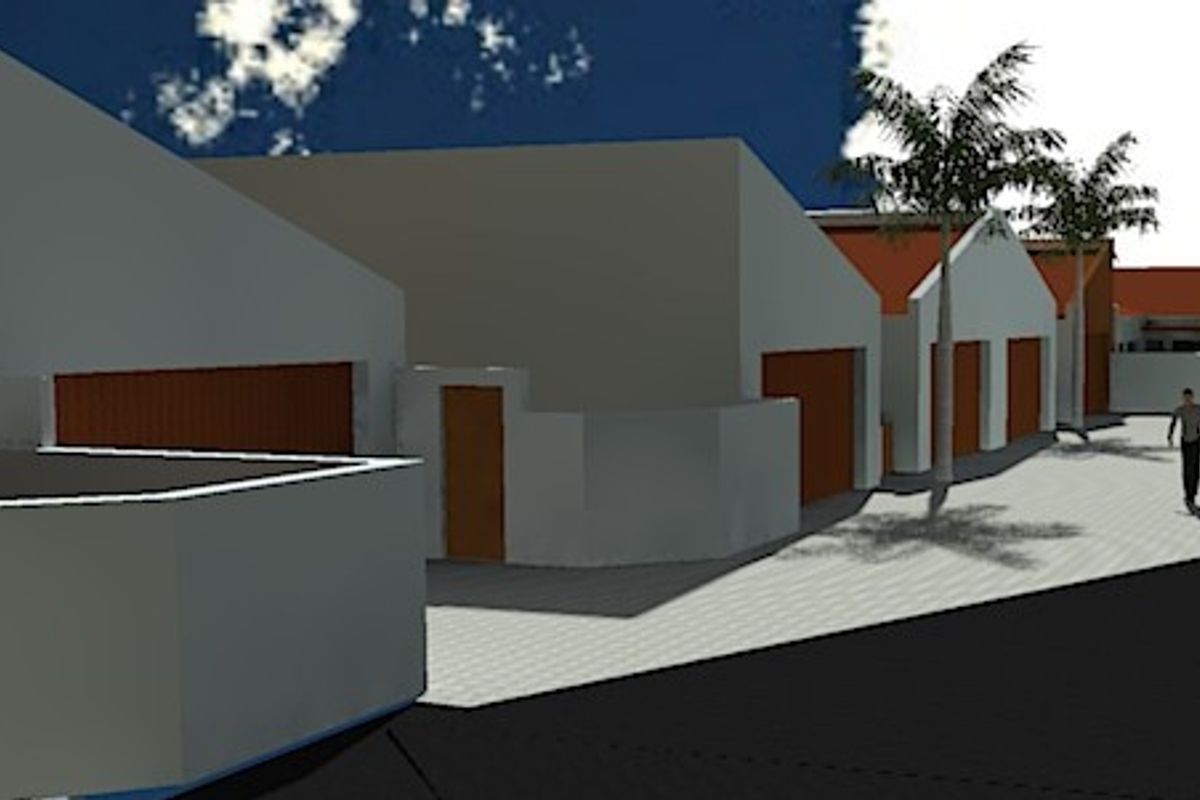A digital rendering showing the front exterior view of the townhouse complex, featuring garage access and paved driveway areas.