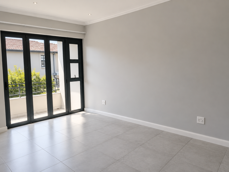 A bright, empty living room featuring neutral tiled flooring, recessed lighting, and large black aluminium folding doors providing access to an outdoor balcony.