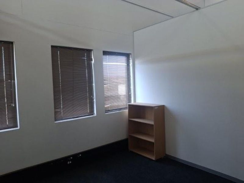 A bright, empty office space featuring neutral walls, carpeted flooring, and multiple windows fitted with venetian blinds.