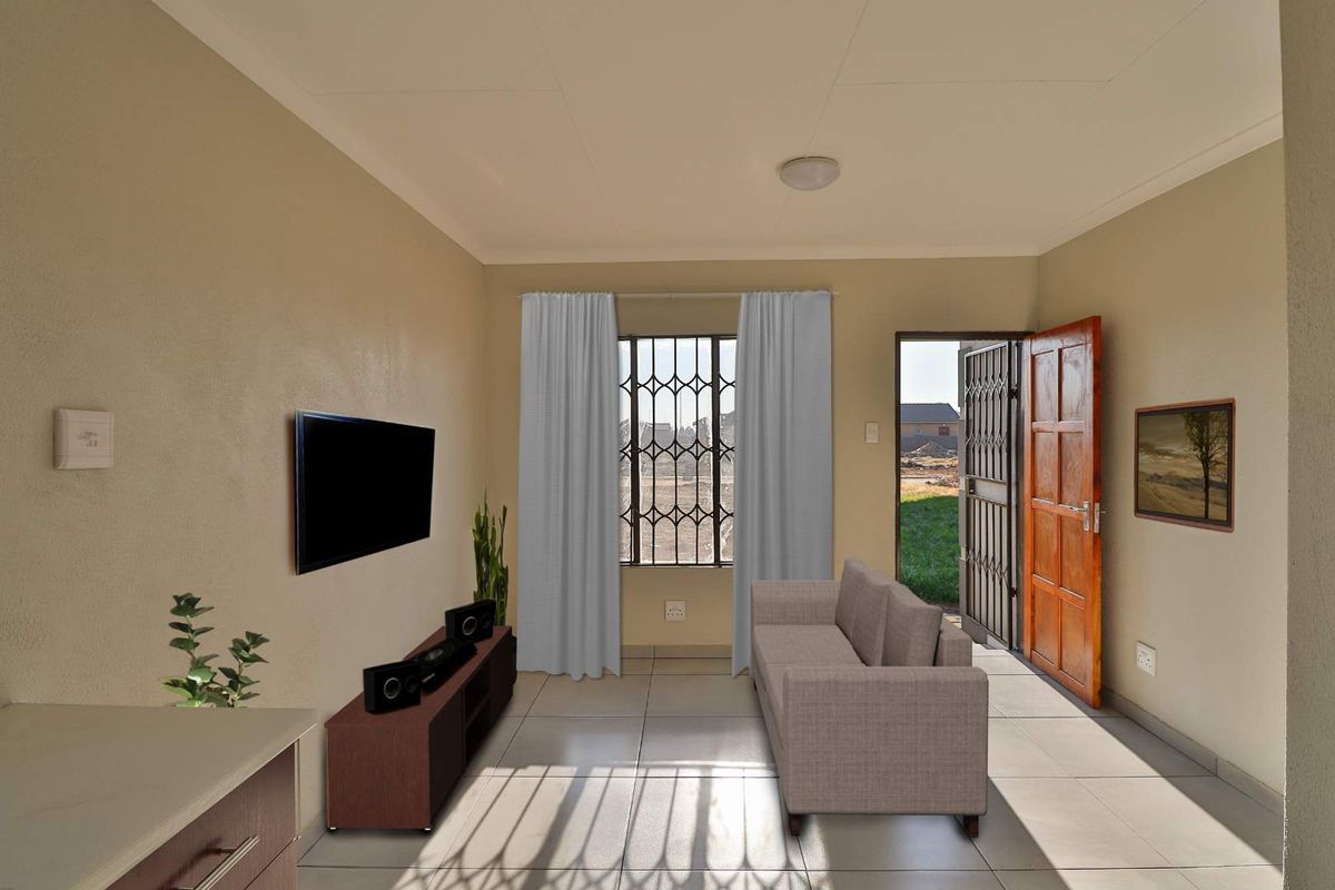 A functional living room featuring tiled flooring, a secure entrance door with security gate, and a window fitted with security bars.