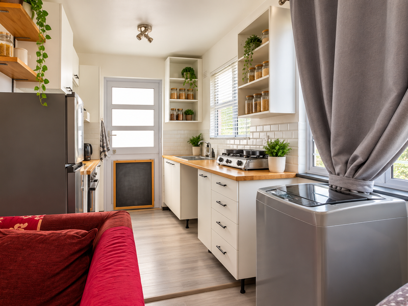 A compact, well-lit kitchen featuring wooden countertops, white cabinetry, subway tile backsplash, and open shelving, with a functional layout and modern finishes.