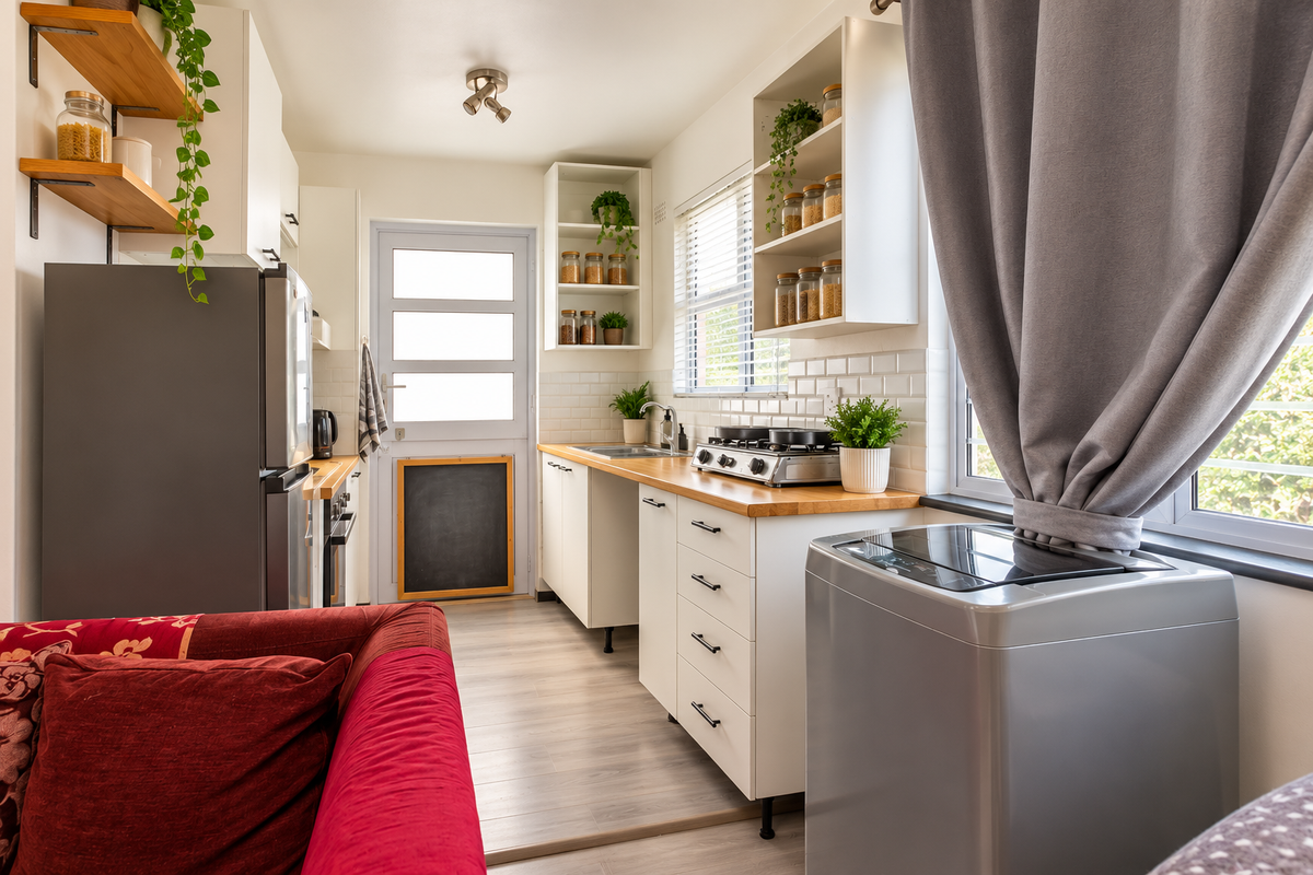 A compact, well-lit kitchen featuring wooden countertops, white cabinetry, subway tile backsplash, and open shelving, with a functional layout and modern finishes.