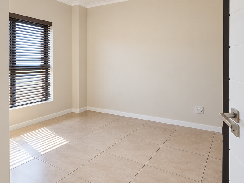 A bright, empty bedroom featuring neutral wall tones, large floor tiles, and fitted venetian blinds, offering a clean and versatile living space.