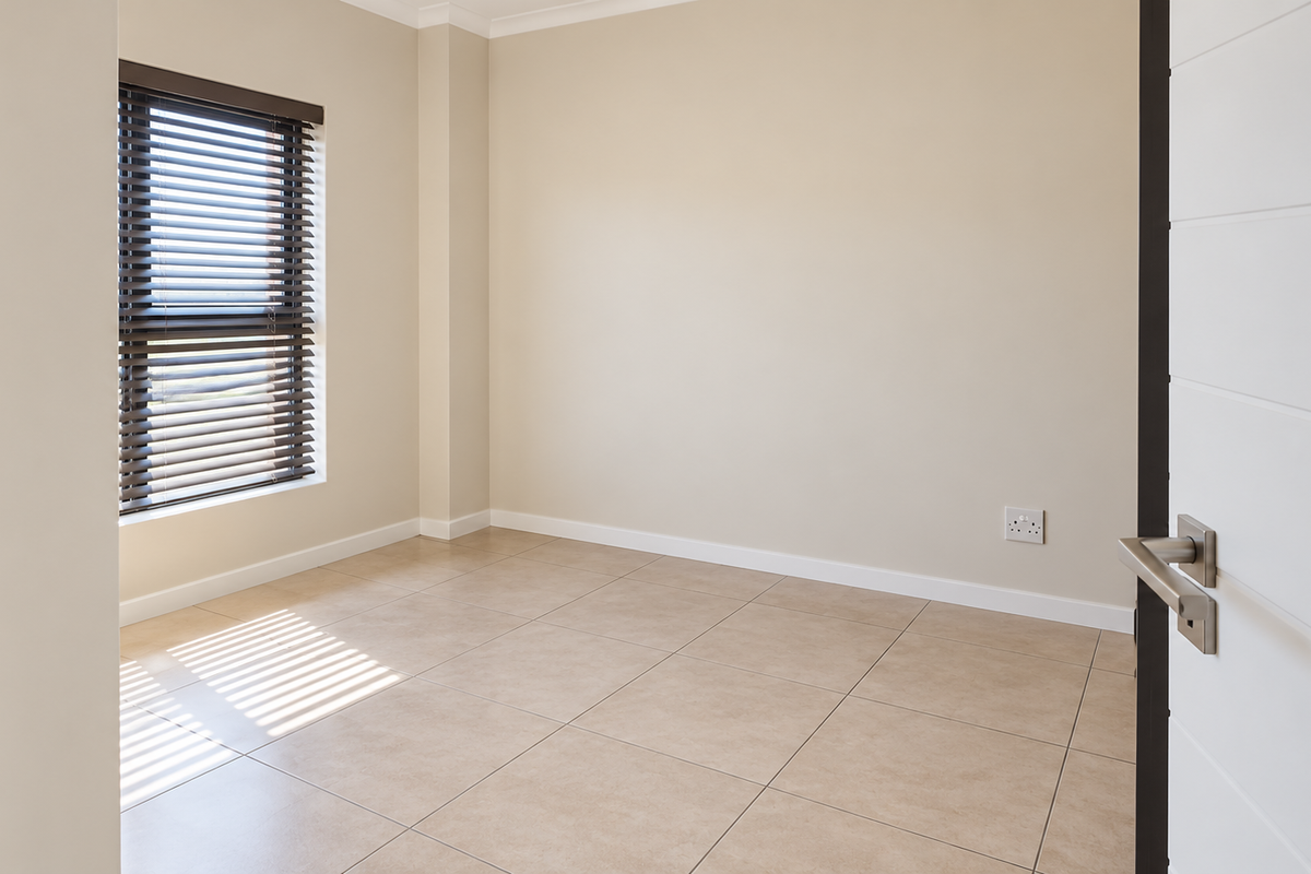 A bright, empty bedroom featuring neutral wall tones, large floor tiles, and fitted venetian blinds, offering a clean and versatile living space.