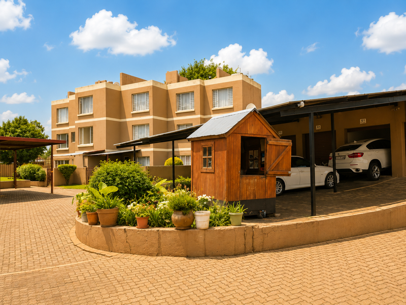 Front exterior view of a townhouse complex featuring paved driveway, covered parking bays, and a landscaped retaining wall area.