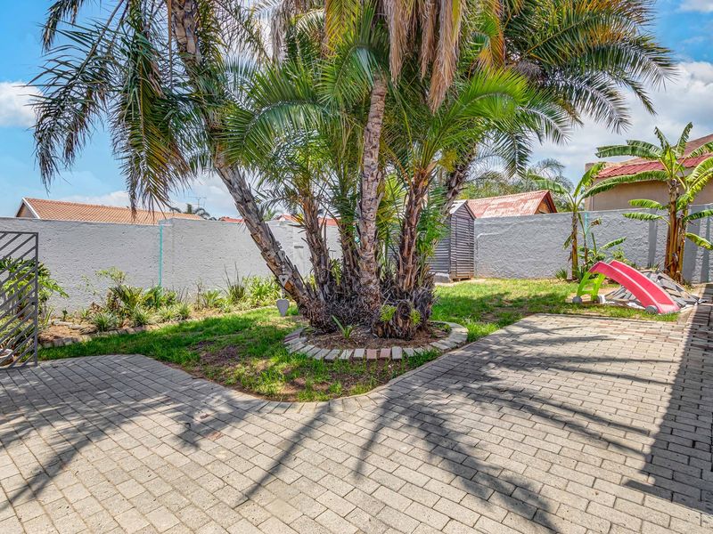 A private rear garden featuring a paved patio area, established palm tree, and secure perimeter walling.