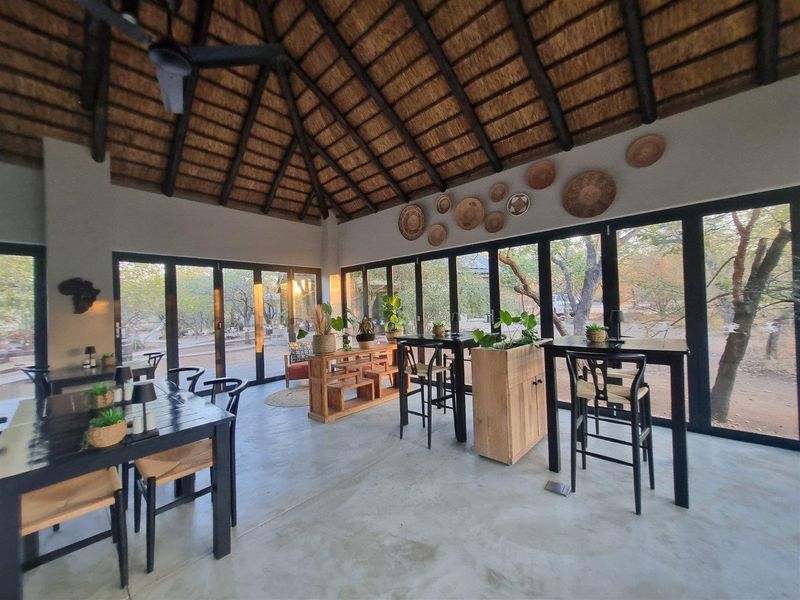 Spacious open-plan dining area featuring a high thatched roof with exposed rafters, polished concrete floors, and expansive black aluminium stacker doors overlooking the garden.