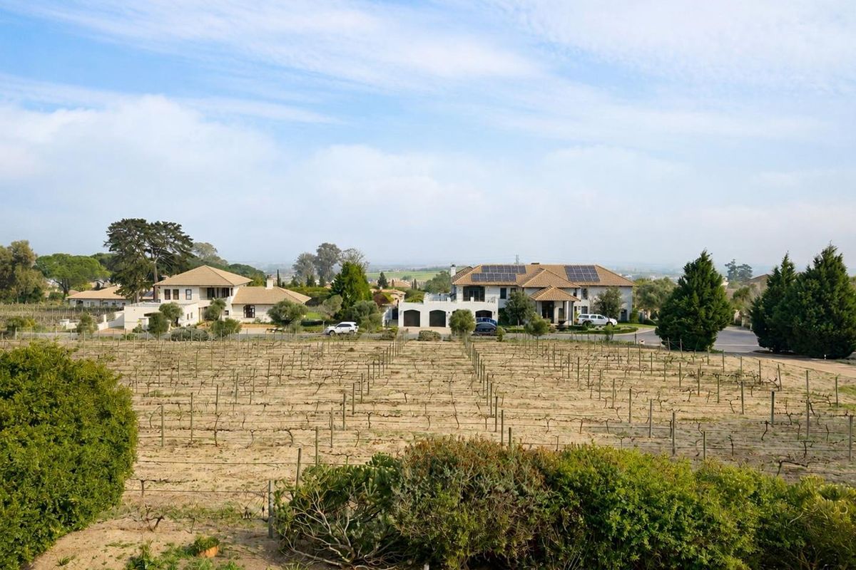 An aerial view of a large residential property featuring a vineyard, multiple buildings with tiled roofs, and installed solar panels.