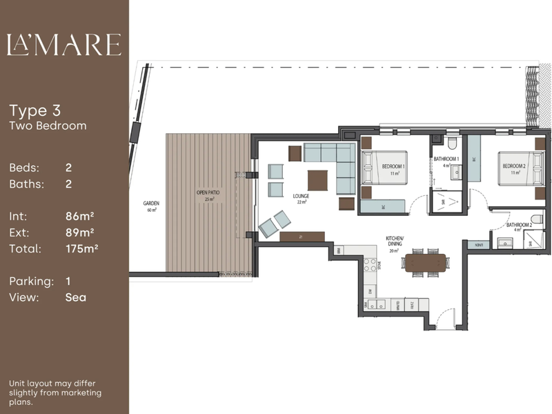Architectural floor plan for a two-bedroom, two-bathroom apartment unit featuring an open-plan living area, kitchen, dining space, patio, and garden.