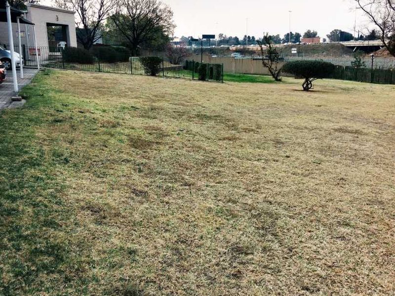 A spacious, open garden area featuring a large lawn, perimeter fencing, and a paved walkway leading to the building exterior.