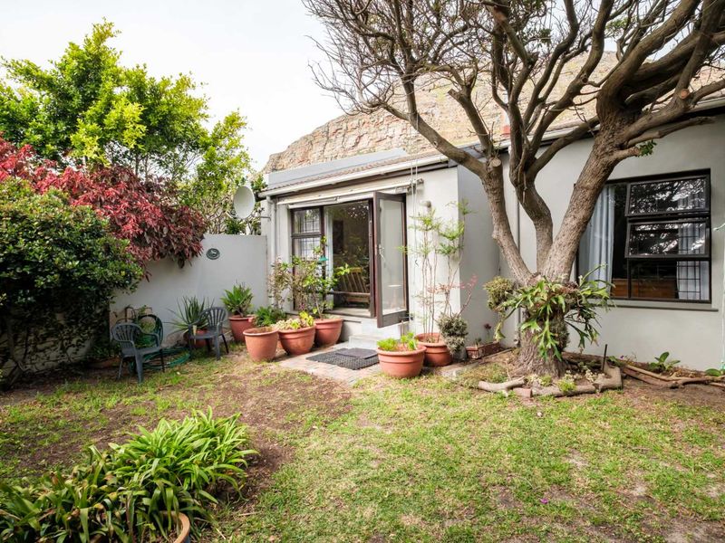 Rear exterior view of the property featuring a small garden, mature tree, and access via french doors with aluminium window frames.