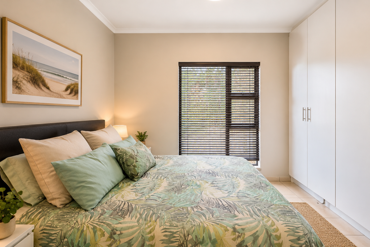 A well-maintained bedroom featuring neutral walls, tiled flooring, built-in cupboards, and dark venetian blinds providing natural light control.