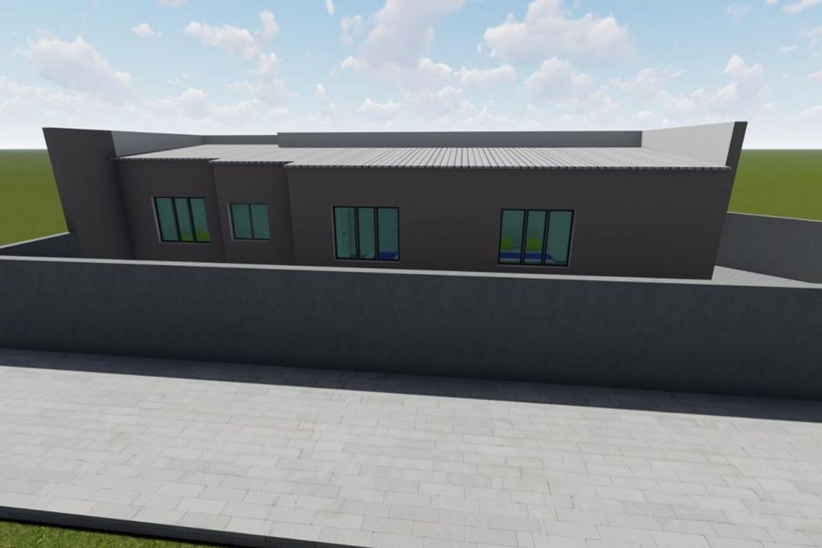 A 3D architectural render showing the rear exterior elevation of a modern house with a perimeter boundary wall and paved area.