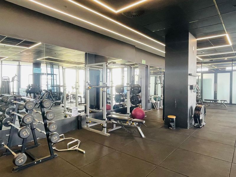 A modern, well-equipped gym facility featuring mirrored walls, professional rubber flooring, and integrated recessed linear lighting.