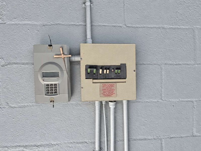 Wall-mounted electrical distribution board and prepaid electricity meter housed in a secure utility setup on a painted concrete block wall.