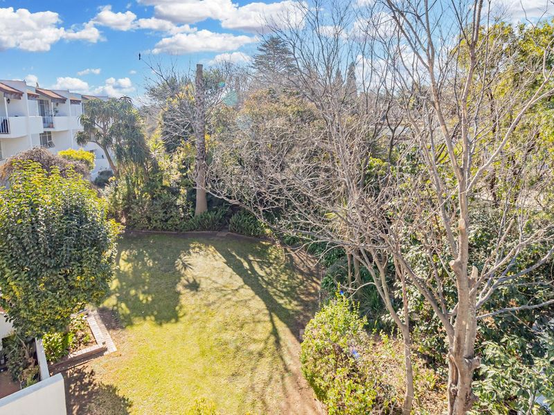 An elevated view of the apartment complex rear garden, featuring established trees, lawn space, and private balconies overlooking the outdoor area.