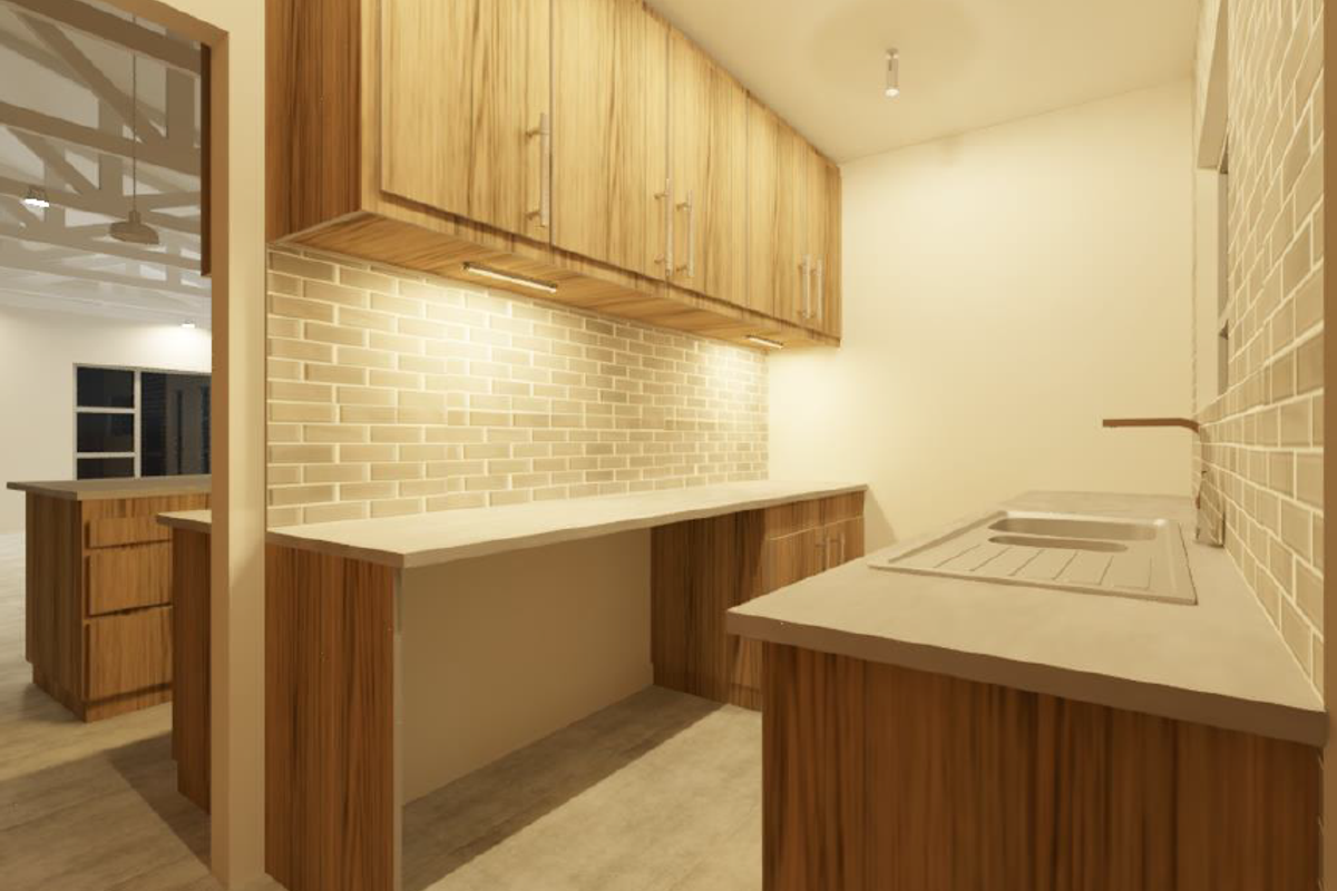 A modern kitchen featuring wood-grain cabinetry, subway tile backsplash, under-cabinet lighting, and integrated sink with stone-look countertops.