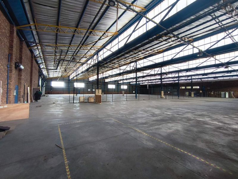 Large open-plan industrial warehouse space featuring high ceilings with exposed steel trusses, concrete flooring, and natural light through skylight panels.