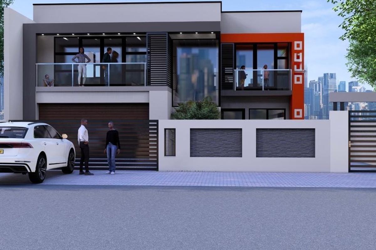 A modern two-story residential facade featuring clean lines, a balcony with glass balustrades, and a secure gated entrance.