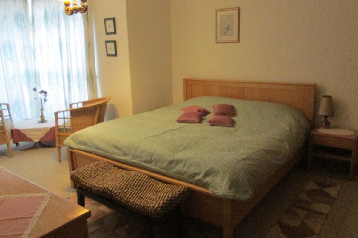 A carpeted bedroom featuring a large window with curtains and a central light fixture.