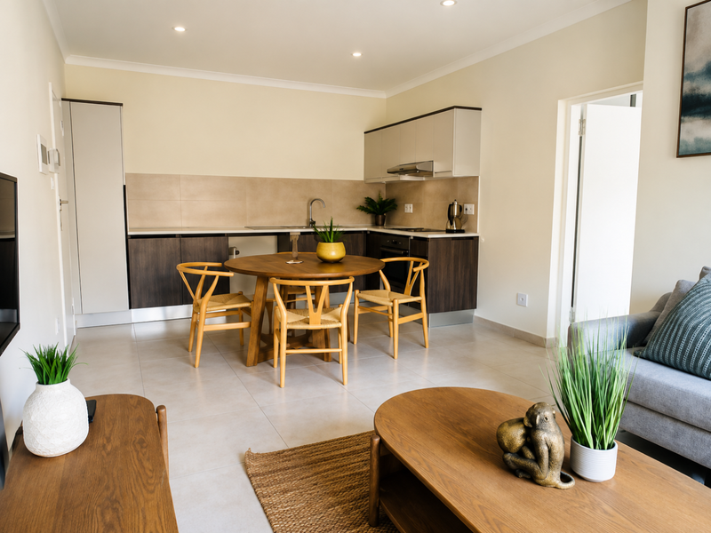 An open-plan living and kitchen area featuring modern cabinetry, stone countertops, integrated appliances, and neutral tiled flooring throughout.