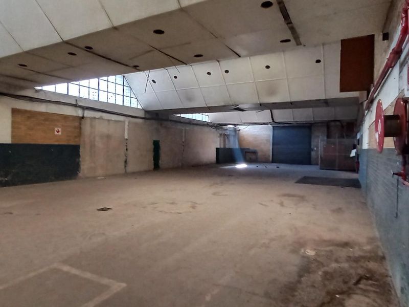Spacious industrial warehouse area featuring high vaulted ceilings, exposed brick walls, concrete flooring, and integrated fire suppression system.