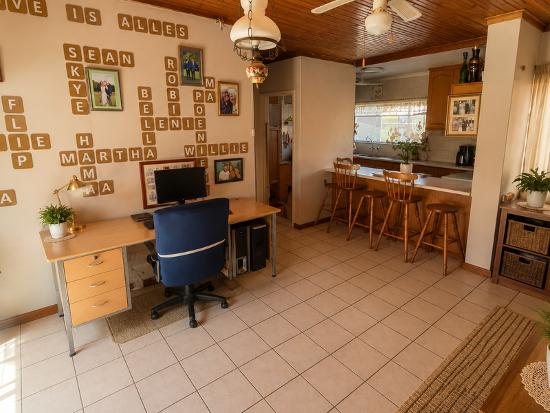 Open plan living area featuring a timber ceiling, tiled floors, and a breakfast bar connecting to the kitchen space.