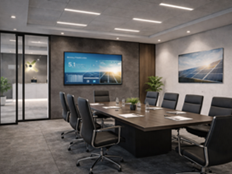 A modern, professional boardroom featuring a large conference table, integrated display screen, and sleek glass partition wall, ideal for corporate meetings.