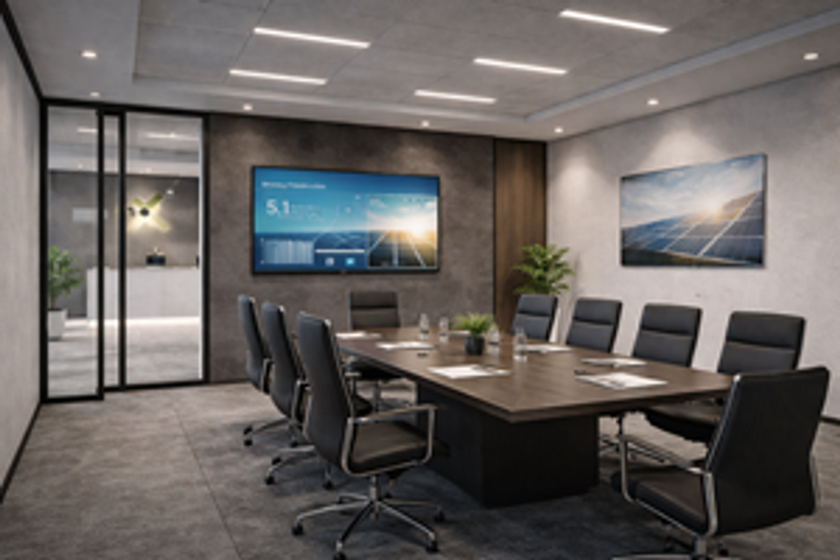 A modern, professional boardroom featuring a large conference table, integrated display screen, and sleek glass partition wall, ideal for corporate meetings.