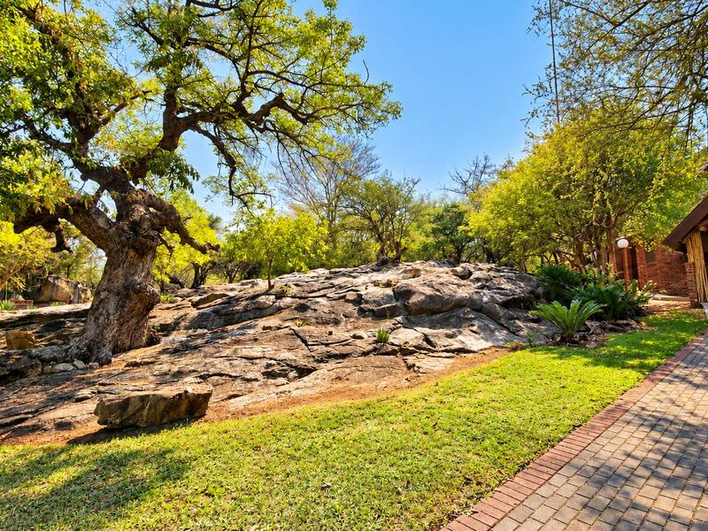 A well-maintained garden area featuring a natural rock formation, mature trees, and a paved walkway leading toward the building structure.