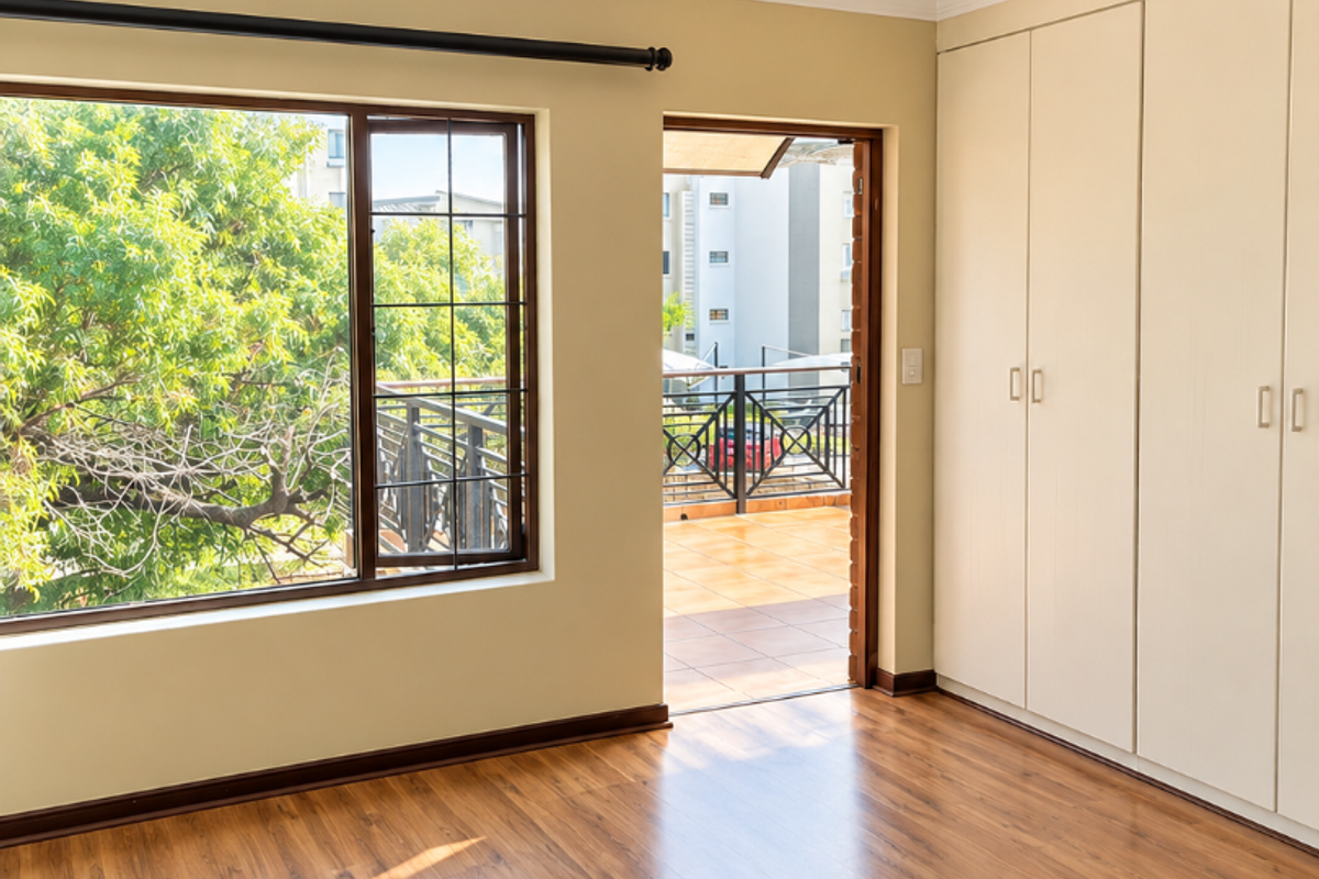 Bright and spacious bedroom featuring laminate flooring, built-in cupboards, and direct access to a private balcony.