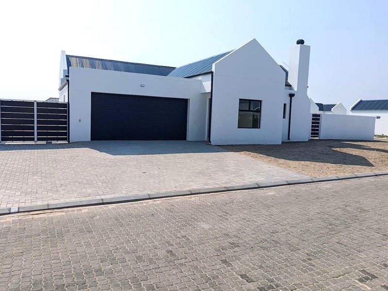 Modern single-story house exterior featuring a paved driveway, double garage, and clean white facade with a prominent chimney.