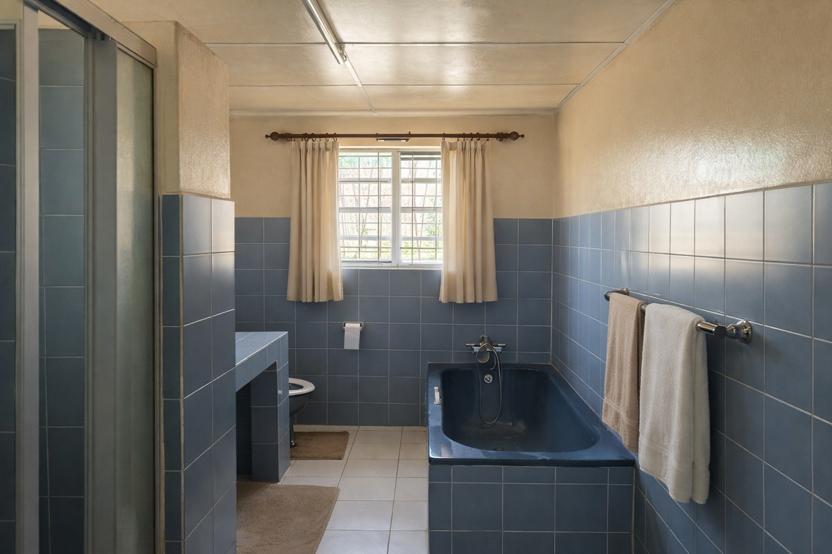 A functional bathroom featuring a built-in tiled bathtub, a separate shower enclosure, and a vanity area with blue wall tiling.