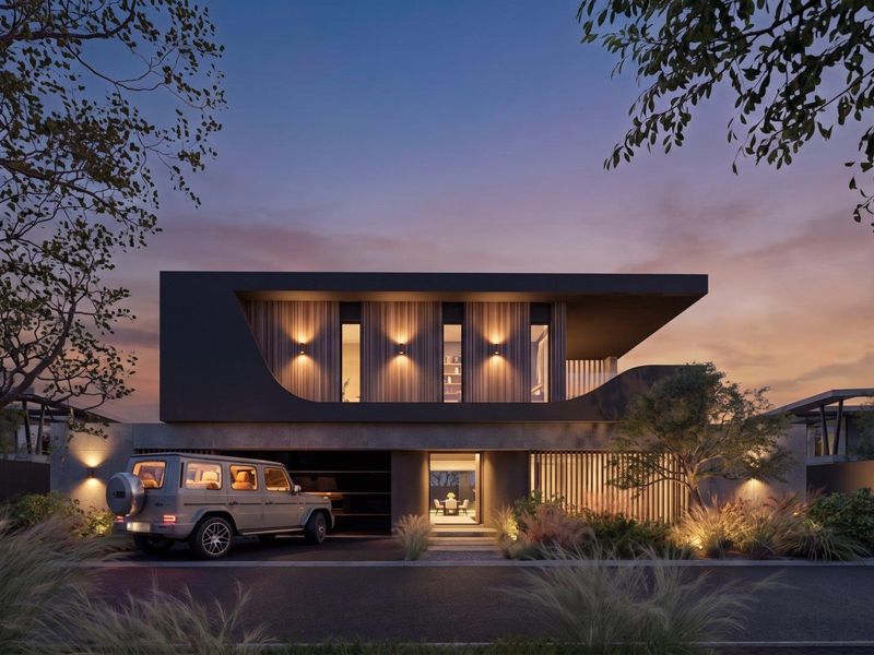A striking modern architectural home facade at dusk, featuring clean lines, integrated garage, and sophisticated exterior lighting.