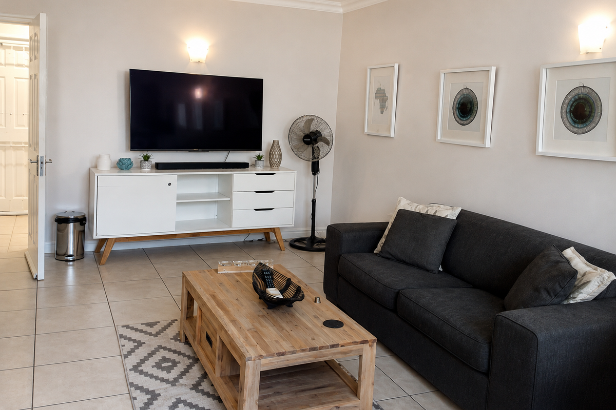 A well-maintained living room featuring neutral tiled flooring, coved ceilings, and wall-mounted lighting, providing a clean and functional space.