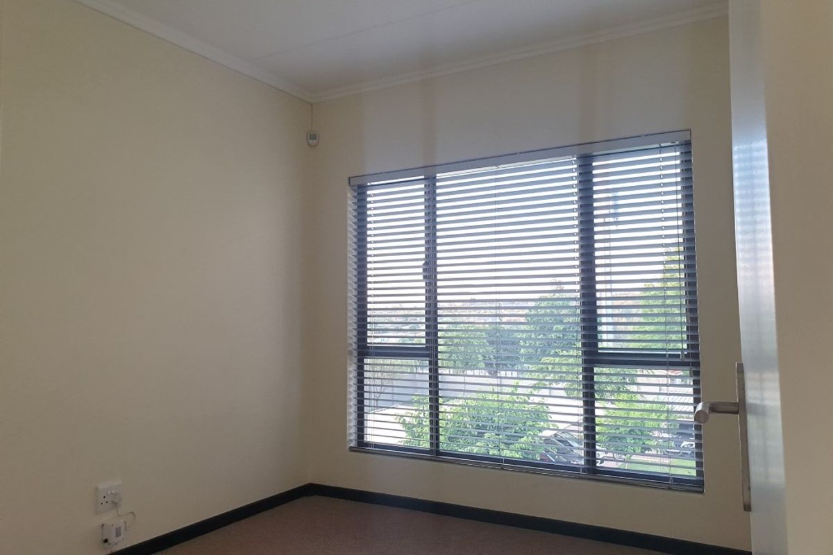 A bright, empty bedroom featuring neutral walls, carpeted flooring, and a large window fitted with horizontal blinds.