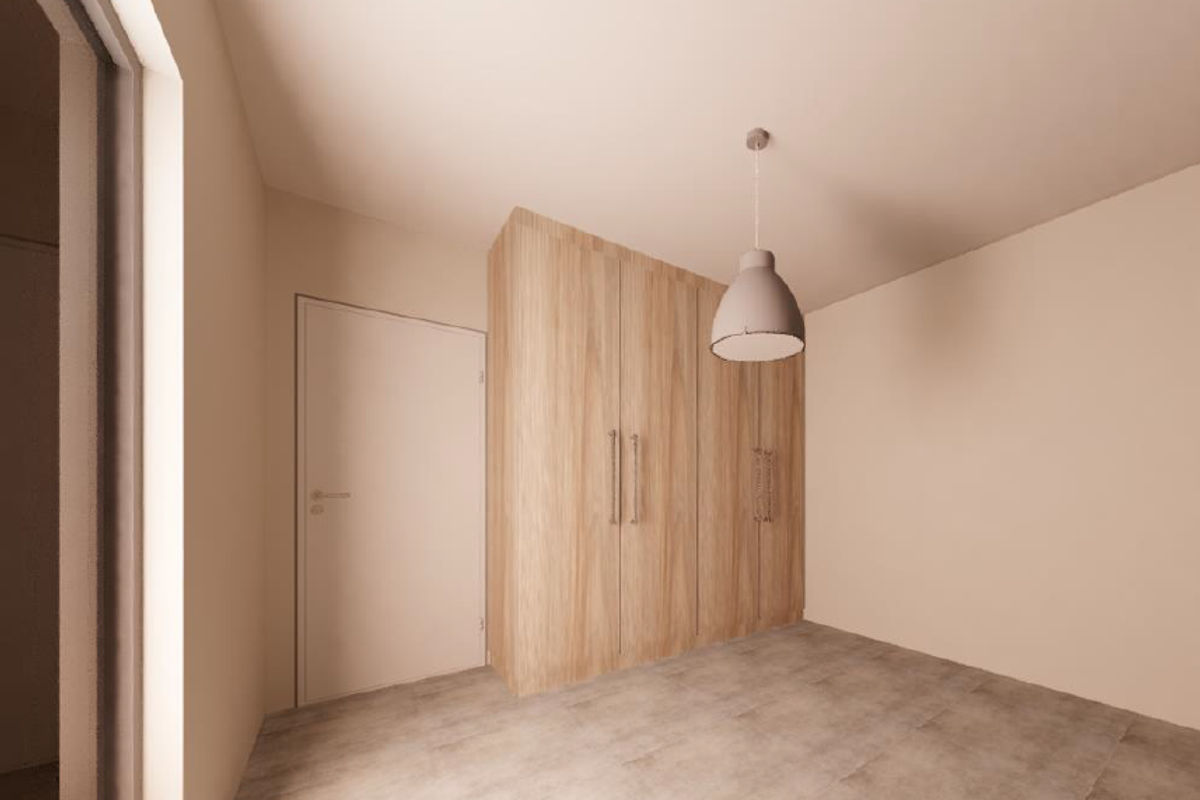 A bright, modern bedroom featuring neutral tiled flooring, a large built-in wooden wardrobe, and a contemporary pendant light fixture.