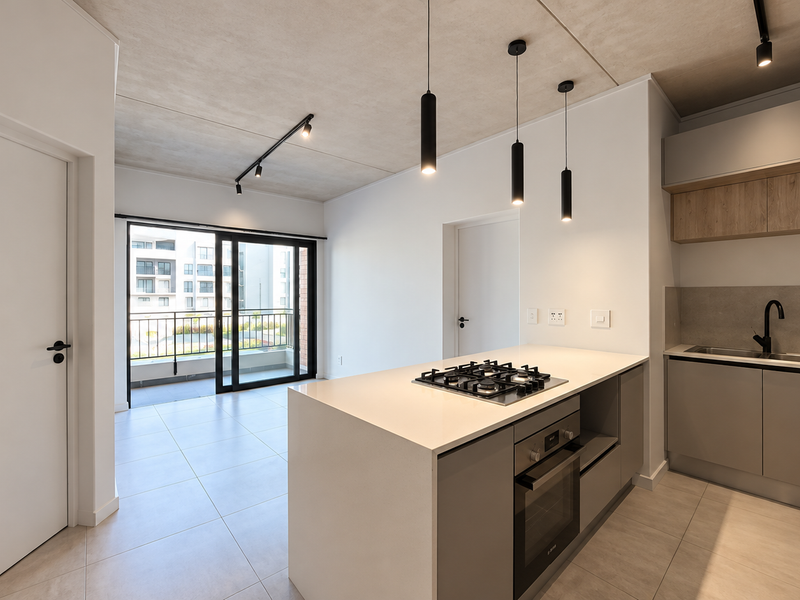 Modern open-plan kitchen and living area featuring a central island with gas hob, sleek cabinetry, and direct access to a private balcony.