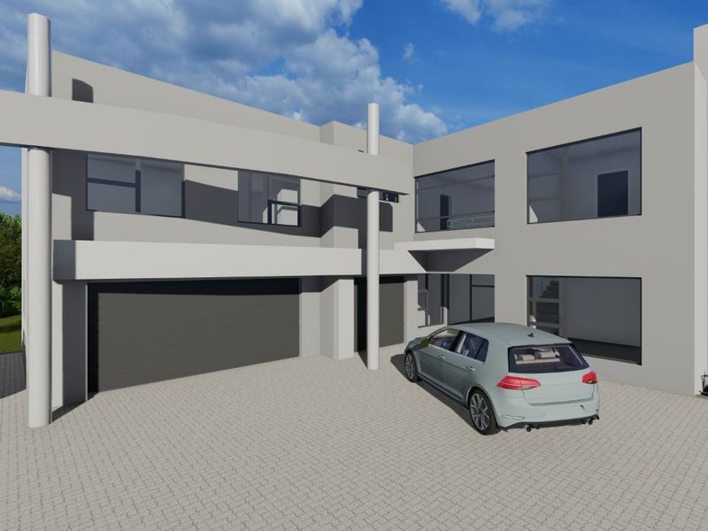 A modern architectural 3D render of a contemporary house exterior featuring a double garage, paved driveway, and large glass windows.