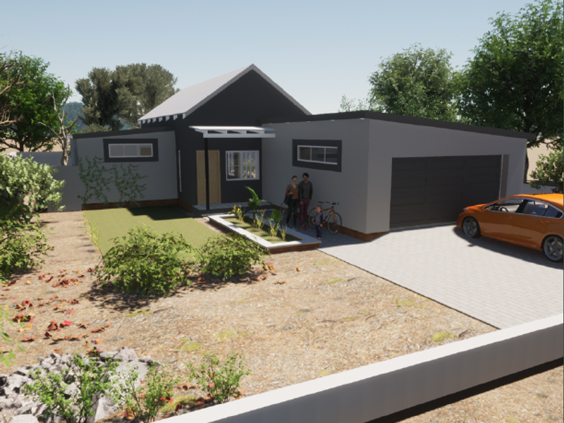 A modern townhouse exterior featuring a pitched roof, integrated garage, paved driveway, and a landscaped front garden area.