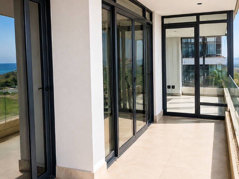 A spacious, modern penthouse balcony featuring large sliding glass doors, neutral floor tiles, recessed lighting, and a clear glass balustrade with scenic views.