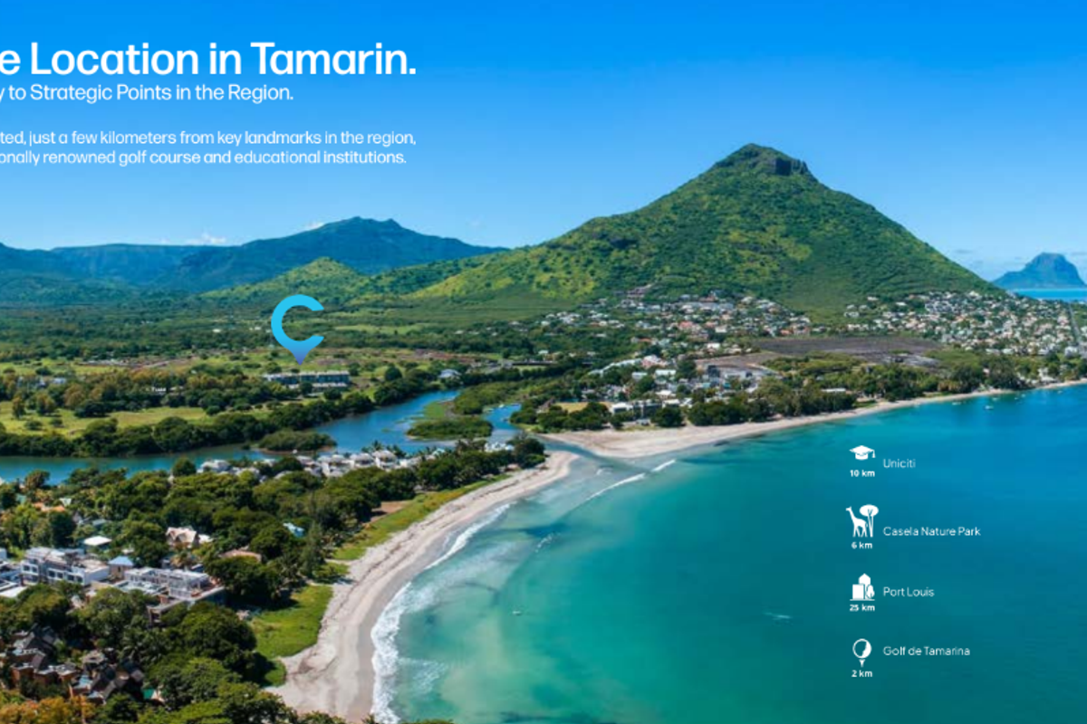 Aerial view of the coastal region in Tamarin, highlighting the property location and proximity to local landmarks, beaches, and natural scenery.