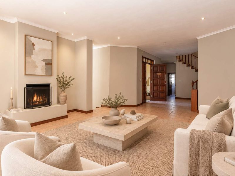 Spacious living room featuring a built-in fireplace, neutral tiled flooring, recessed lighting, and an open-plan layout leading to a staircase and hallway.