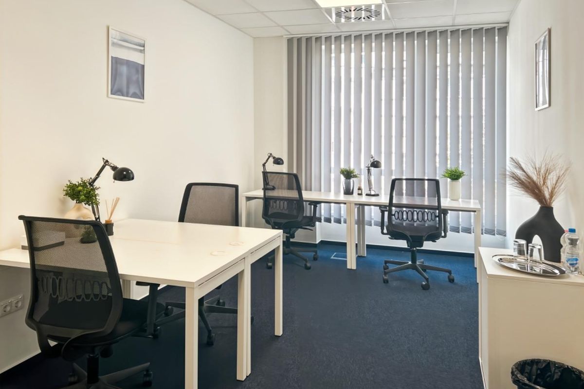 A professional office space featuring blue carpeting, a suspended ceiling with recessed lighting, and large windows fitted with vertical blinds.