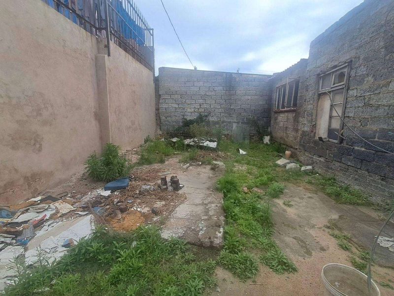 A rear exterior area featuring concrete block boundary walls and a concrete slab, currently requiring significant clearing and maintenance.
