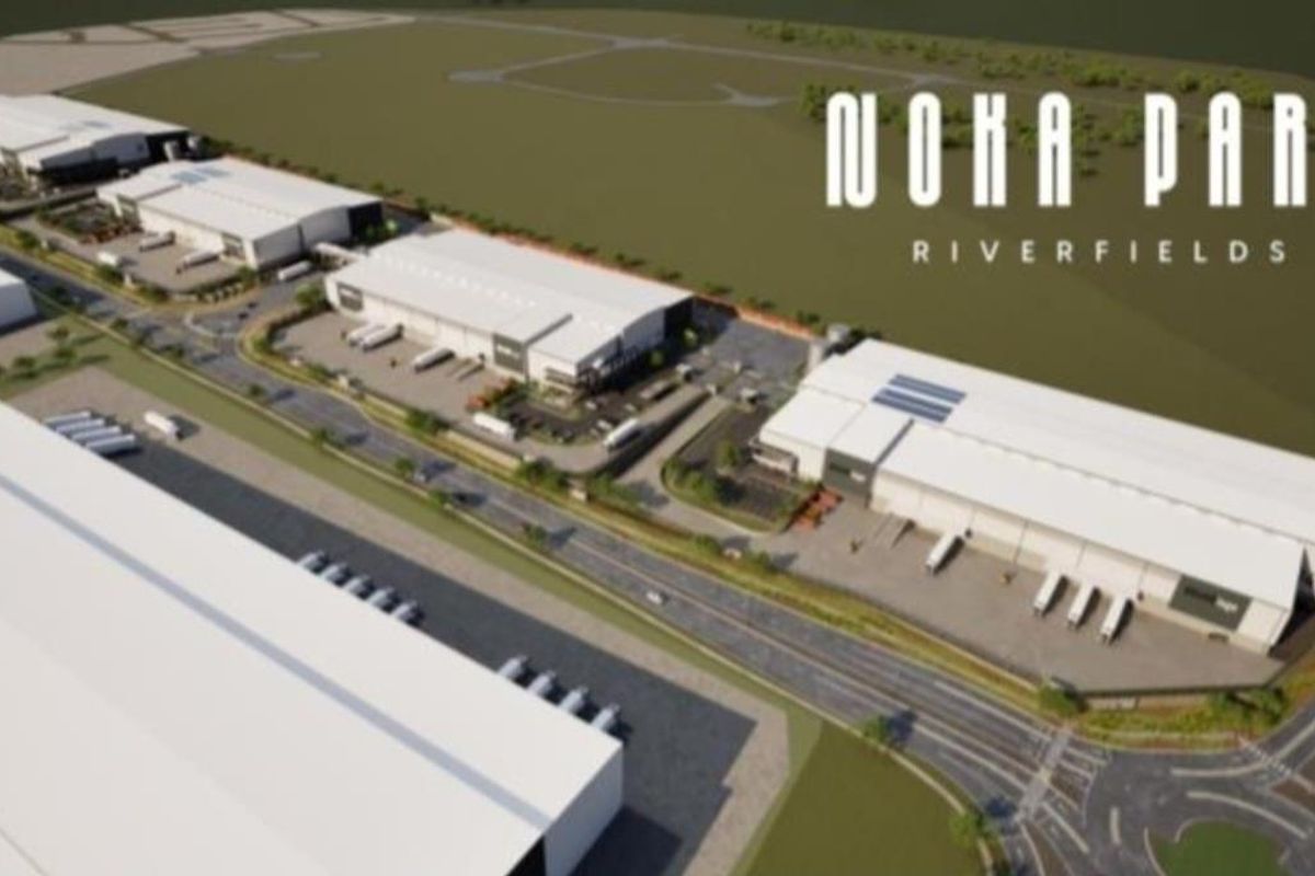 Aerial perspective of Noka Park industrial development, showcasing multiple warehouse units, loading bays, and integrated road infrastructure.