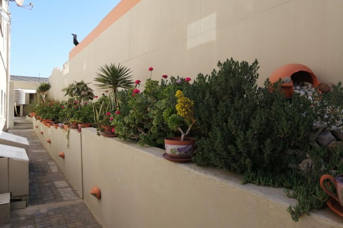 A narrow side walkway featuring a raised masonry planter wall with integrated drainage and paved ground surface.
